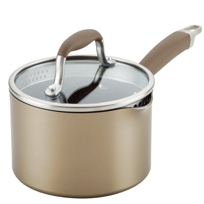 Anolon Advanced Home Hard-Anodized Nonstick Saucepan with Straining Lid, 2-Quart, Bronze
