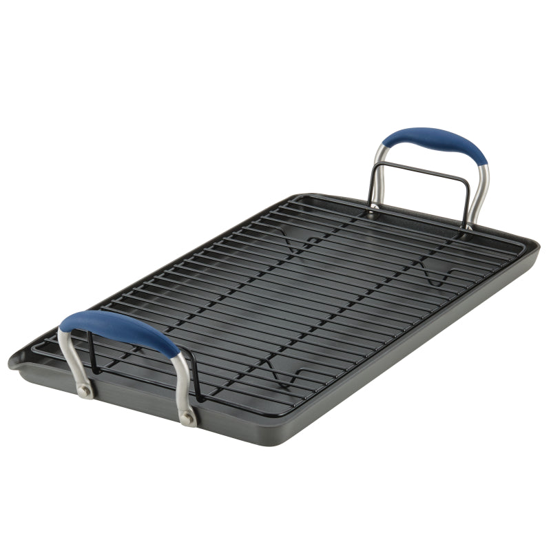 Anolon Advanced Hard Anodized Nonstick Double Burner Griddle with Roasting Rack, 2-Piece, Indigo