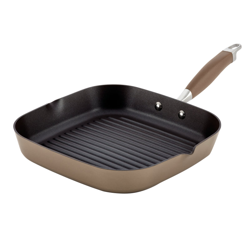 Anolon Advanced Bronze Hard Anodized Nonstick Deep Square Stovetop Grill Pan with Pour Spouts, 11-inch, Bronze