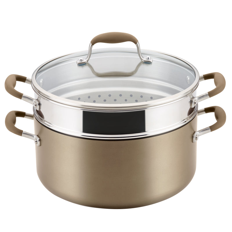 Anolon Advanced Home Hard-Anodized Nonstick Wide Stockpot with Steamer Insert Set, 3-Piece, 8.5-Quart, Bronze