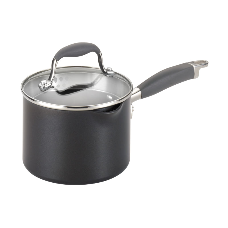 Anolon Advanced Hard Anodized Nonstick Sauce Pan with Pour Spouts and Straining Lid, 2-Quart, Gray