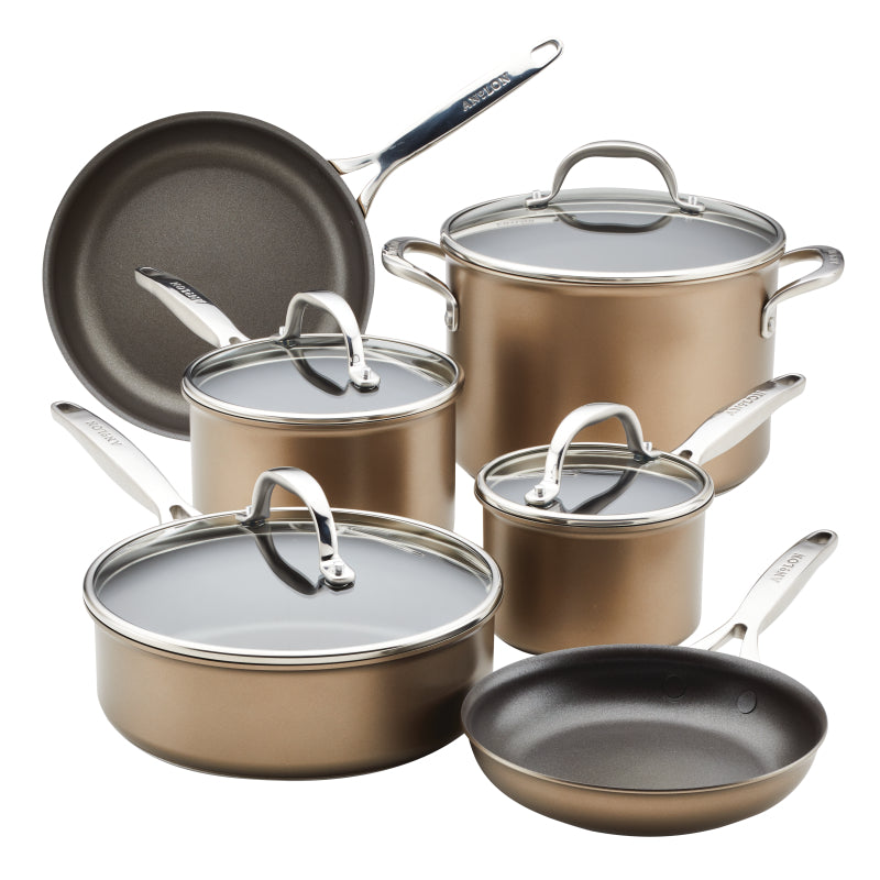 Anolon Ascend Hard Anodized Nonstick Kitchen Cookware Pots and Pans Set, 10-Piece, Bronze