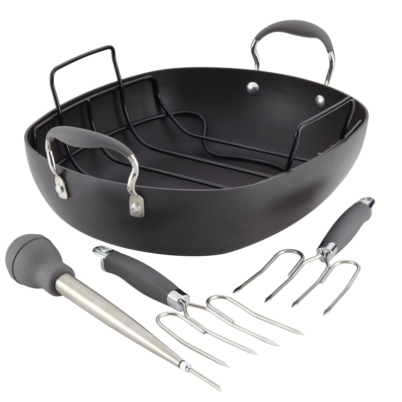 Anolon Advanced Hard Anodized Nonstick Roaster with Serving Utensils Set, 6-Piece, Gray