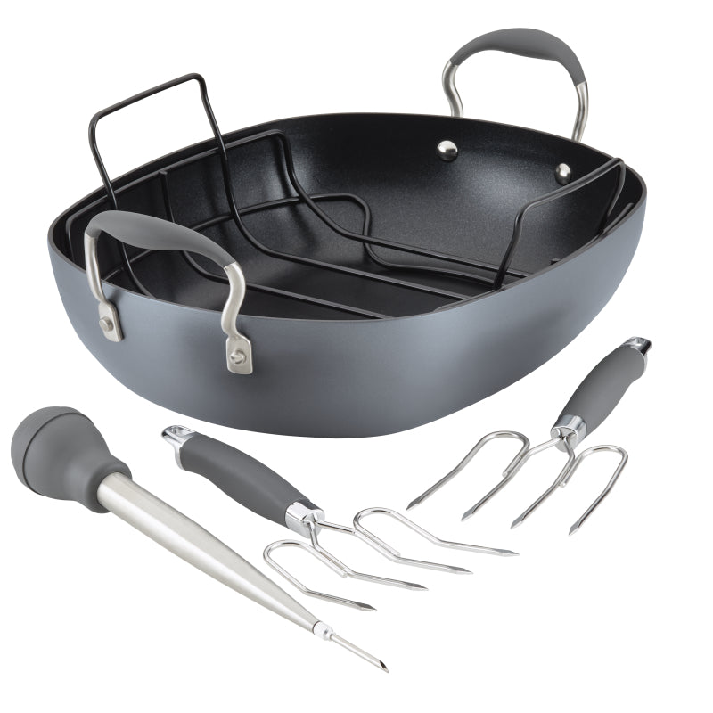 Anolon Advanced Home Hard-Anodized Nonstick Roaster Set, 6-Piece, Moonstone