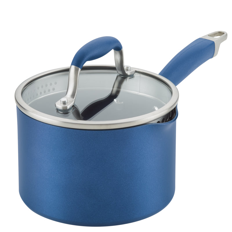 Anolon Advanced Home Hard-Anodized Nonstick Straining Saucepan, 2-Quart, Indigo