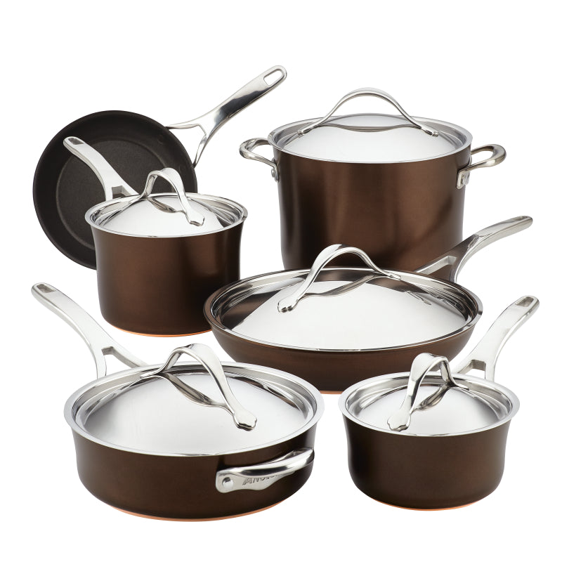 Anolon Nouvelle Copper Luxe Hard-Anodized Nonstick Cookware Induction Pots and Pans Set, 11-Piece, Sable
