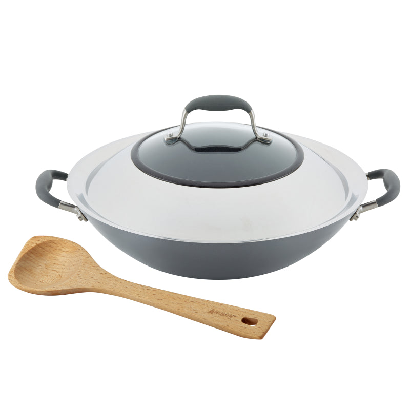 Anolon Advanced Home Hard-Anodized Nonstick Wok with Side Handles, Lid and Wooden Spoon, 14-Inch, Moonstone