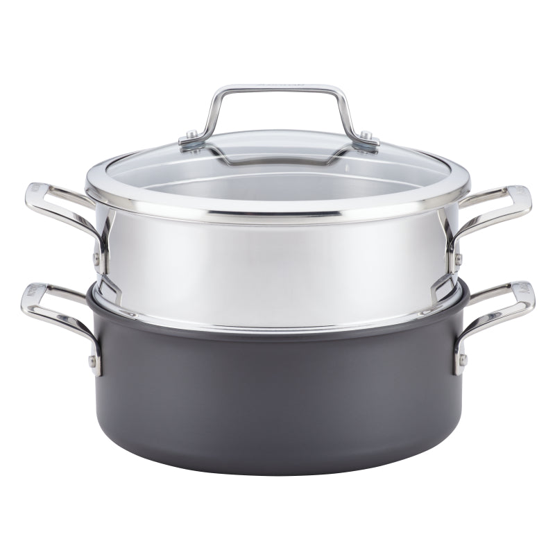 Anolon Authority Hard-Anodized Nonstick Covered Dutch Oven with Steamer Insert, 5-Quarts, Gray