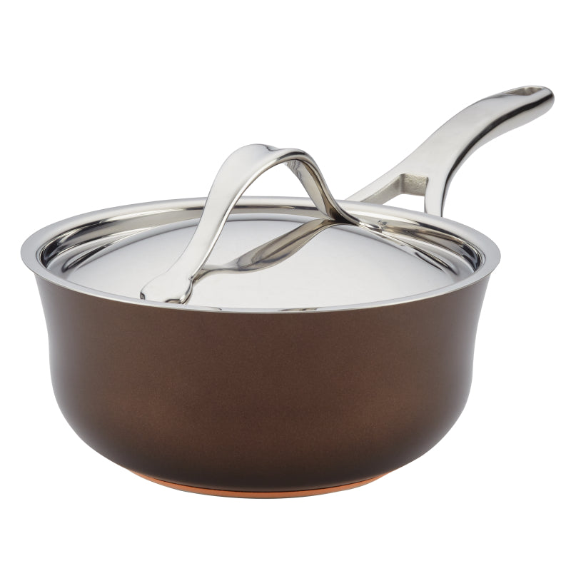 Anolon Nouvelle Copper Luxe Hard-Anodized Nonstick Induction Saucier Sauce Pan with Lid, 2.5-Quart, Sable