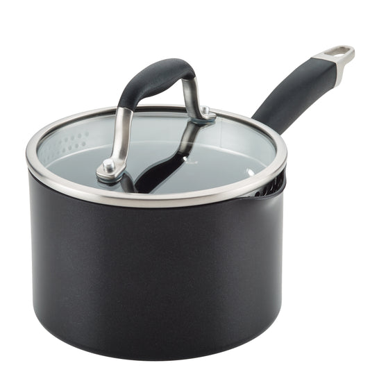 Anolon Advanced Home Hard-Anodized Nonstick Saucepan with Straining Lid, 2-Quart, Onyx