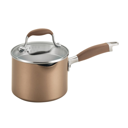 Anolon Advanced Hard Anodized Nonstick Sauce Pan with Pour Spouts and Straining Lid, 2-Quart, Bronze