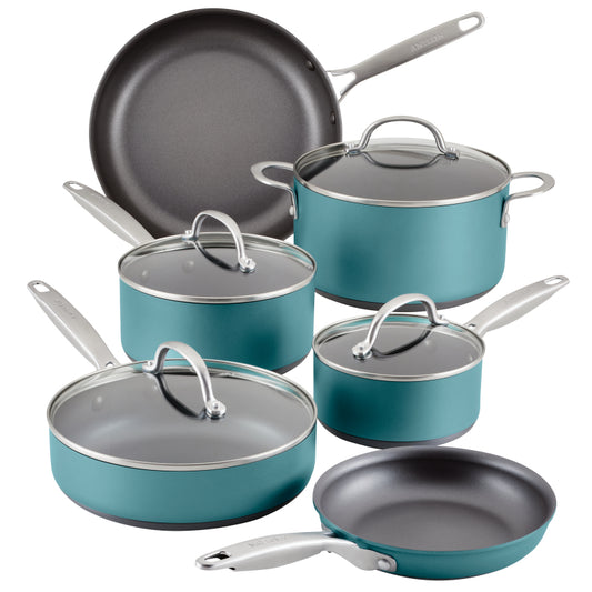 Anolon Achieve Hard Anodized Nonstick Cookware Pots and Pans Set, 10-Piece, Teal