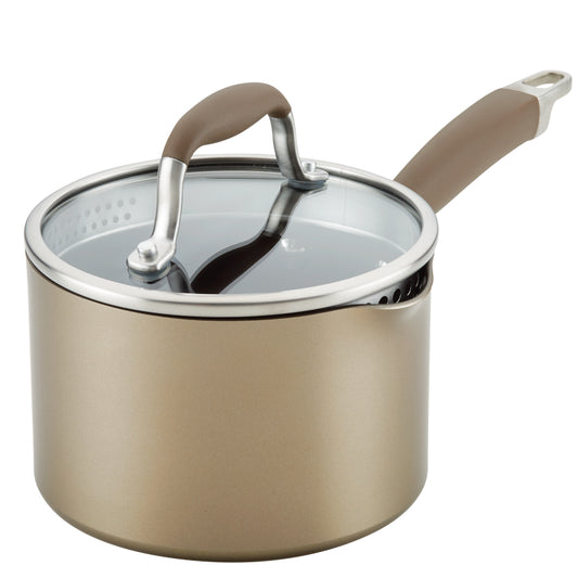 Anolon Advanced Home Hard-Anodized Nonstick Saucepan with Straining Lid, 2-Quart, Bronze