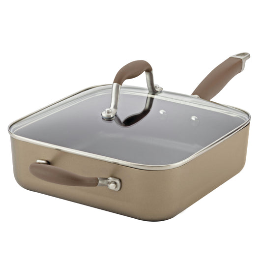 Anolon Advanced Hard Anodized Nonstick Square Sauté Pan with Helper Handle and Lid, 4-Quart, Bronze