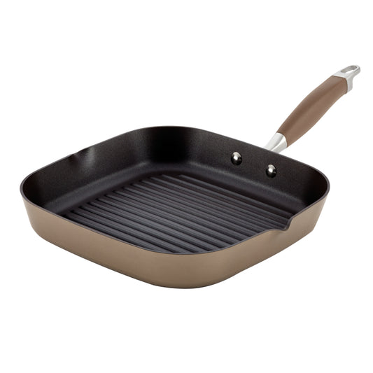 Anolon Advanced Bronze Hard Anodized Nonstick Deep Square Stovetop Grill Pan with Pour Spouts, 11-inch, Bronze