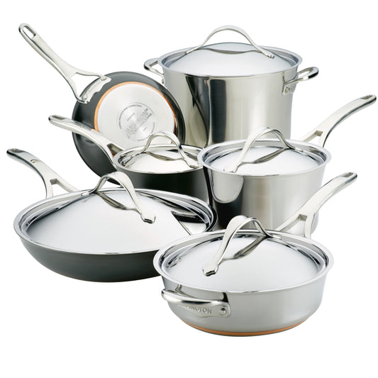 Anolon Nouvelle Copper Stainless Steel and Hard-Anodized Nonstick Cookware Induction Pots and Pans Set, 11-Piece, Silver and Black