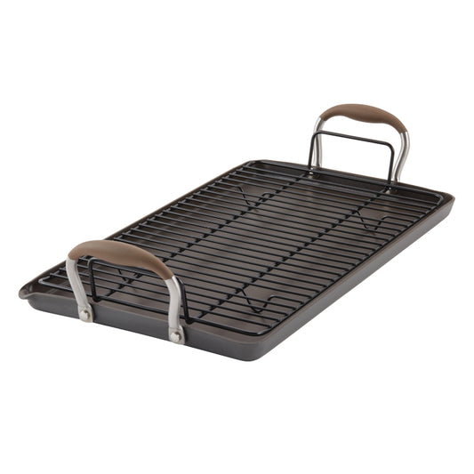 Anolon Advanced Hard Anodized Nonstick Double Burner Griddle with Roasting Rack, 2-Piece, Bronze