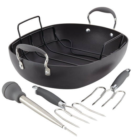 Anolon Advanced Hard Anodized Nonstick Roaster with Serving Utensils Set, 6-Piece, Gray