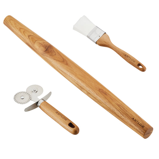 Anolon Tools and Gadgets 3-Piece Prep Set Pastry Wheel Cutter, Pastry Brush, 19" French Rolling Pin