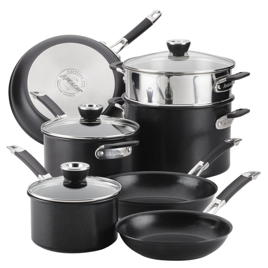 Anolon SmartStack Hard-Anodized Nonstick Cookware Induction Pots and Pans Set, 10-Piece, Black