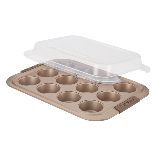 Anolon Advanced Bakeware 12-Cup Nonstick Muffin Pan with Silicone Grips, Bronze